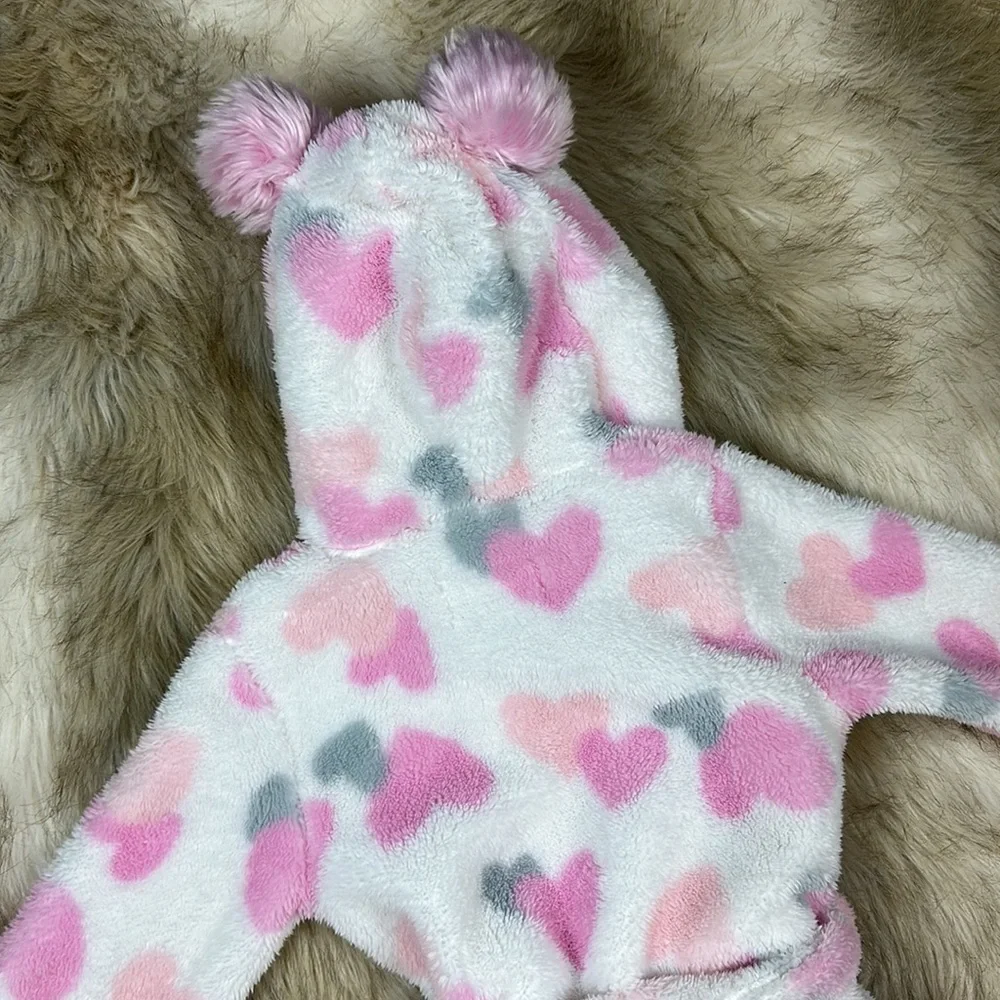 Laura Ashley Girls Plush Heart Robe Pom Pom Hood Belt 4T